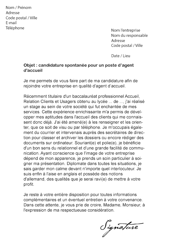 Lettre de motivation Agent d'Accueil - Modèle de Lettre