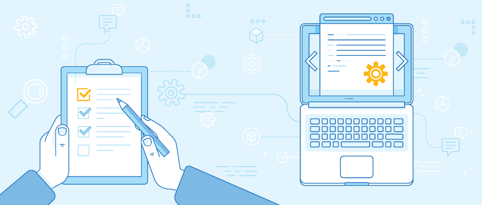 Illustration of a checklist and a computer with coding and programming concepts on the screen