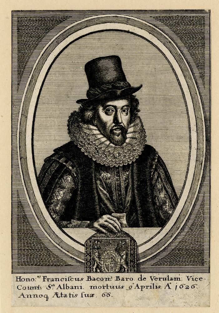 Portrait of Francis Bacon, half length in an oval, wearing hat, ruff, robes, and ribbon; hand resting on purse with a coat of arms; frontispiece to Francis Bacon's 'The History of the Reign of Henry VII [...]' (London: 1676).  Etching