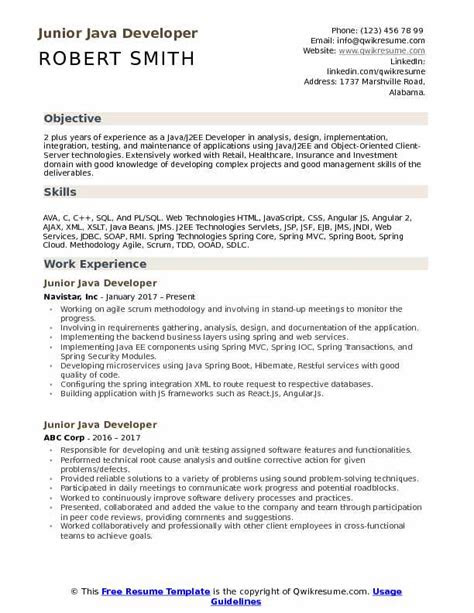 junior java developer resume samples qwikresume