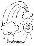 Rainbow coloring sheets with rain and a friendly sun.