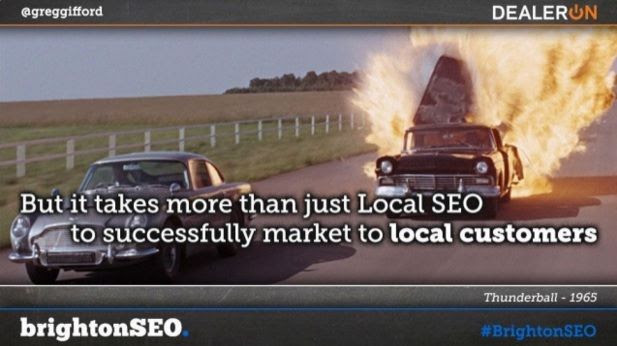 A still from the 1965 film 'Thunderball' showing two black cars on the road, one of which is exploding. The text in white reads, "But it takes more than just Local SEO to successfully market to local customers."
