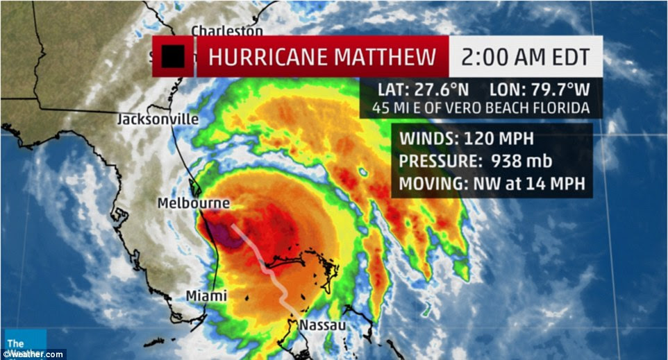 As of 2am on Friday, tropical storm-force winds had already been impacting Florida's east coast. The storm was 45 miles east of Vero Beach, Florida at 2am with winds of 120mph moving northwest at 14mph