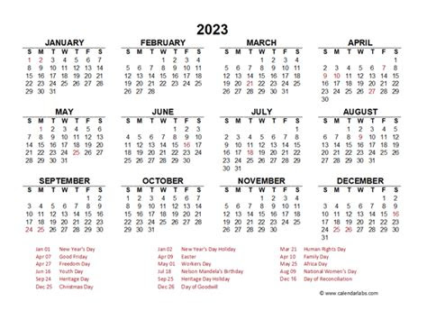  2023 year at a glance calendar with south africa holidays free