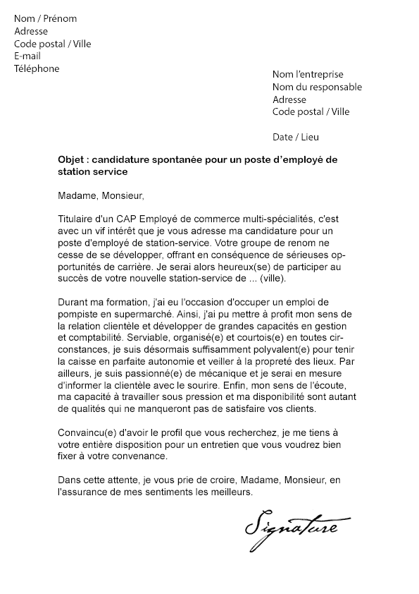 Lettre de motivation Employé de station service - Modèle 