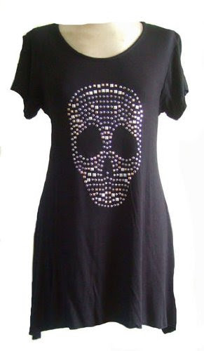 Schwarz (Blk Skull Top) Kurzarm-Tunika mit besetzt Schädel Dekoration. Größe 46 (Blk Skull Top)