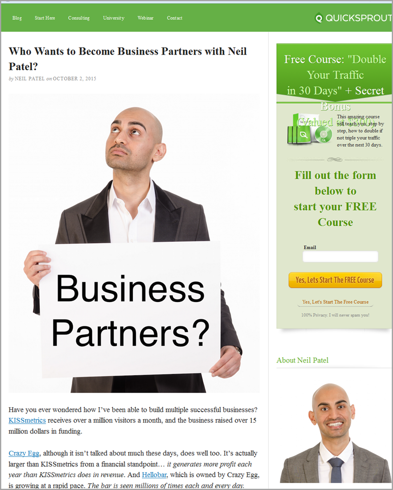 Neil Patel on Quicksprout blog for content marketing benefits