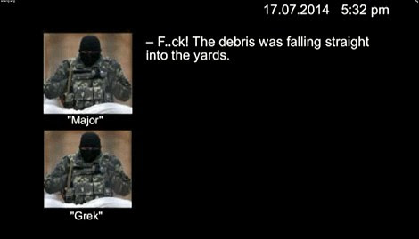 Allegations: This is a grab from the video provided to the Kiev Post. Pictured are Igor Bezler and Vasili Geranin. While (right) are likenesses of 'Major' and 'Grek'