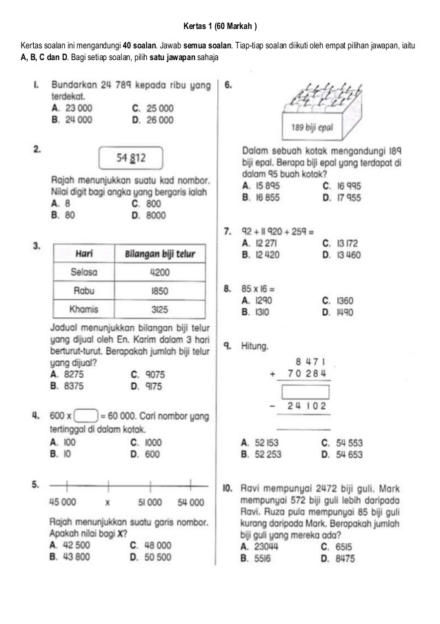 Kertas Soalan Matematik Tahun 4 Ropotqngo