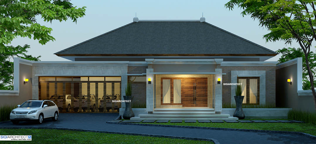 Desain Villa Bali 1 Lantai I Teras Rumah, Taman & Kolam