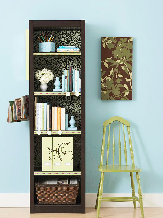 Wallpaper-covered shelves adds interest