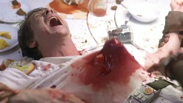 Bursting out of Kane's chest in Alien...