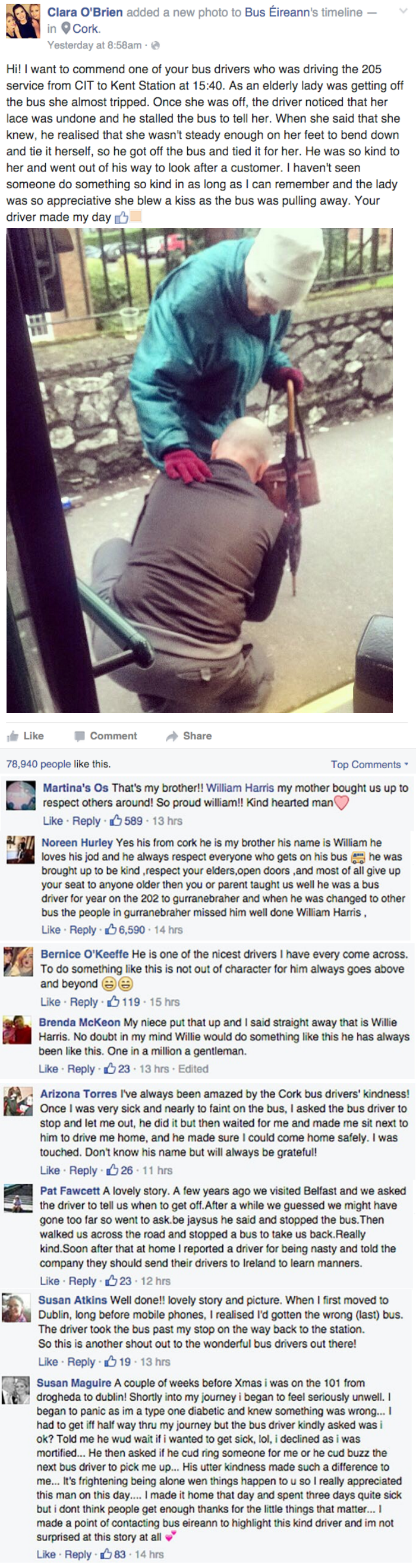 heartwarming facebook image bus driver in Cork Ireland tied old woman's shoes for her