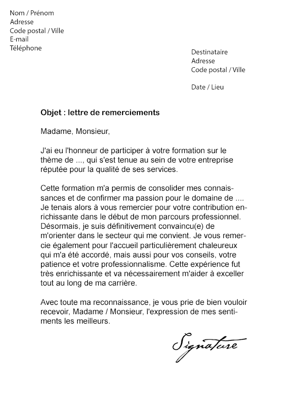 Lettre de remerciement suite à une Formation - Modèle de 