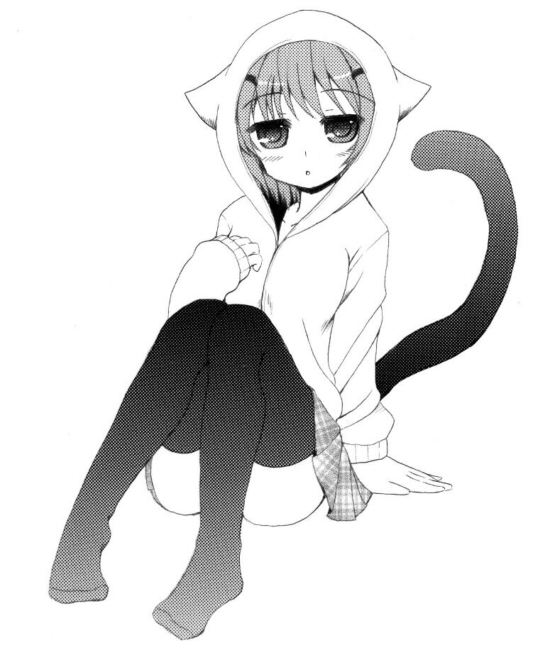 のびのび私の落書き日記 猫耳パーカーの女の子 モノクロ 線画