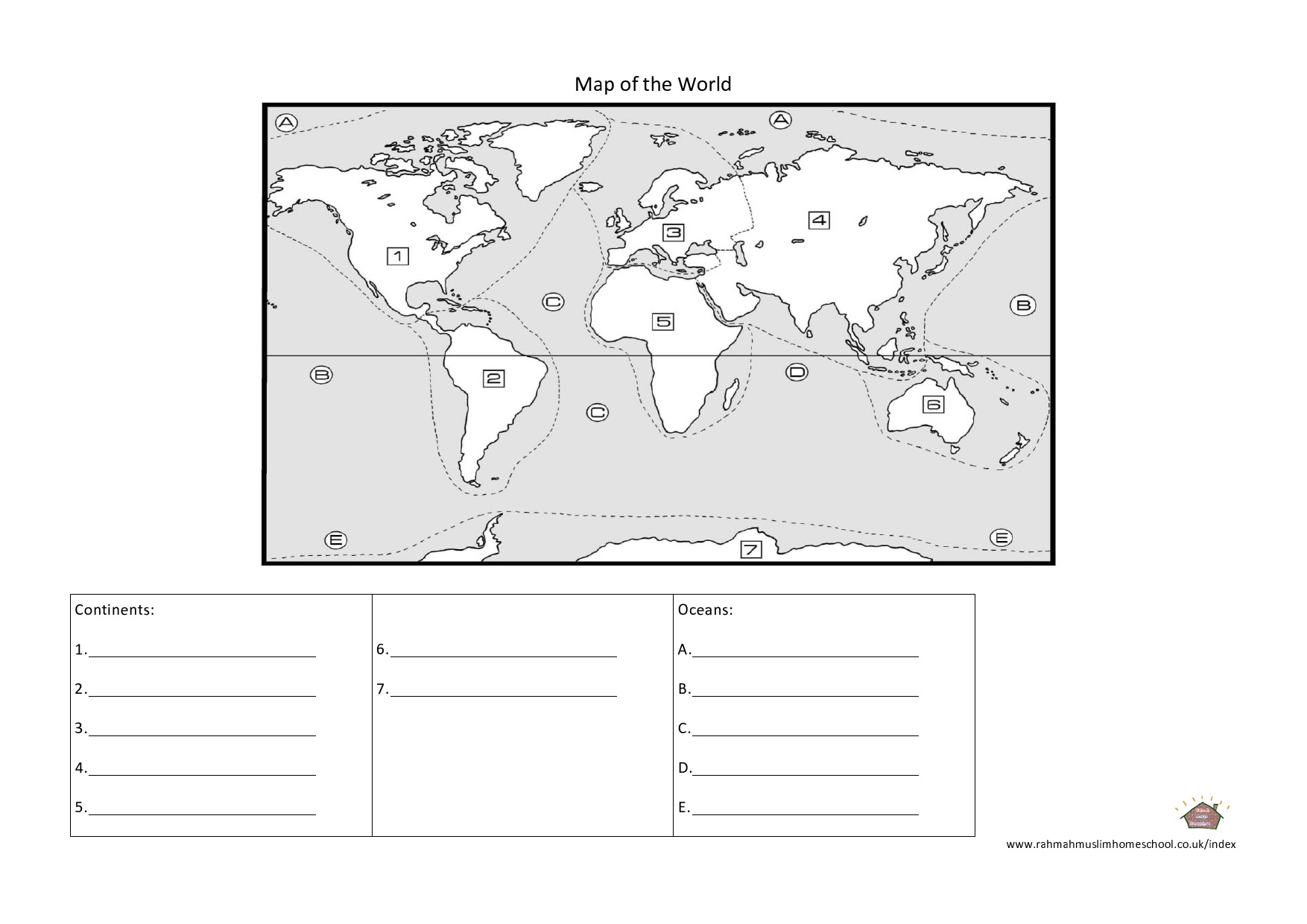 Geography: Continents and Oceans Worksheet | The Islamic Home ...
