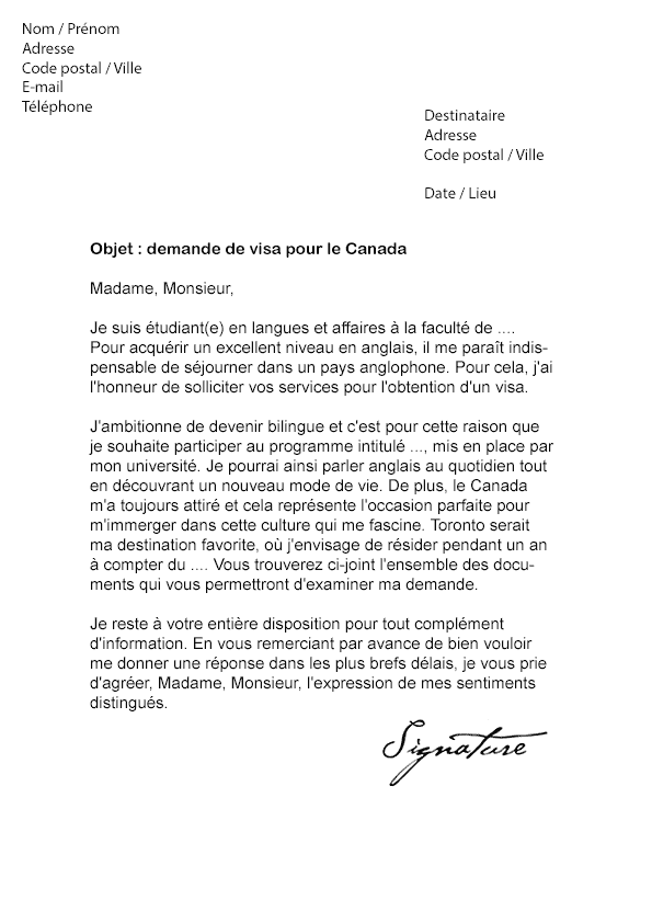 Lettre de demande de Visa pour le Canada - Modèle de Lettre