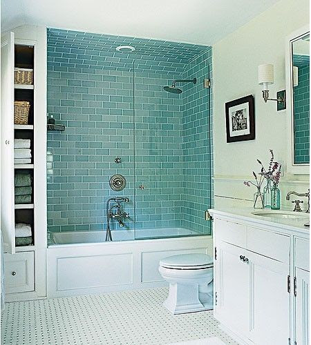 white bathroom blue subway tile. | Casa Bonita | Pinterest
