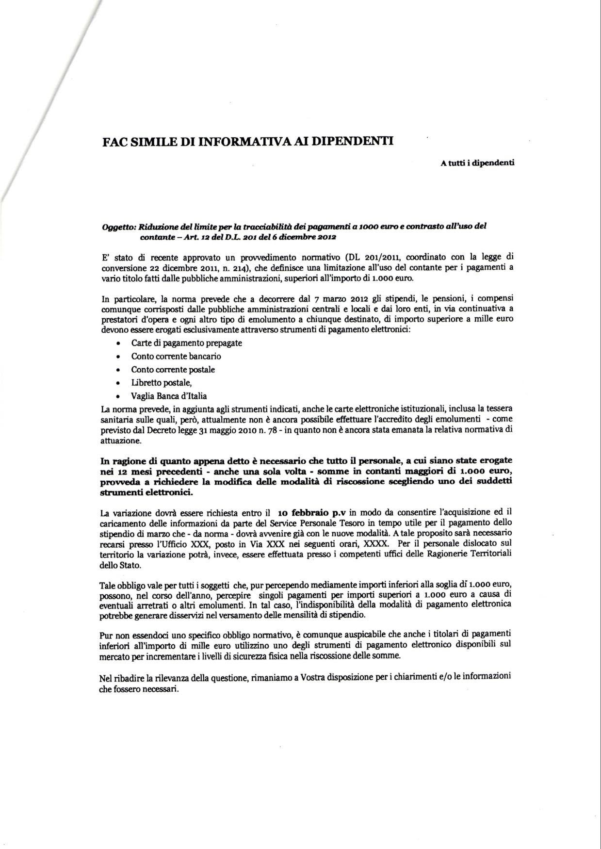 Comunicazione IMPORTANTE: Riduzione del Limite di ...