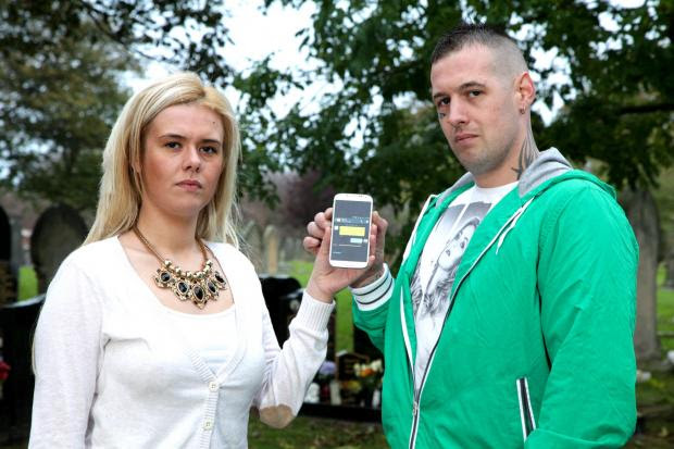 TEXT SHOCK: Sheri Emerson, and her uncle, Graham, at Harton cemetery in South Shields where Graham's mother Lesley is buried