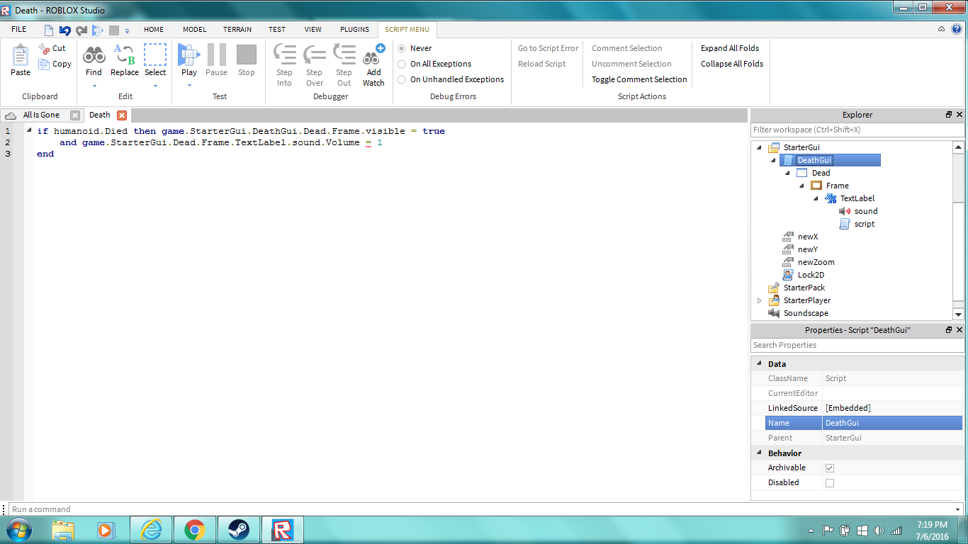 I M Attempting To Make A Game With A Death Screen So When They Die - i m attempting to make a game with a death screen so when they die i have this script telling the game to make a death screen visible and play a song