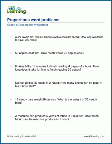 grade 6 math worksheet: proportions word problems | K5 Learning