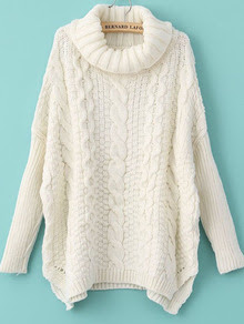 White Long Sleeve Turtleneck Chunky Cable Knit Sweater