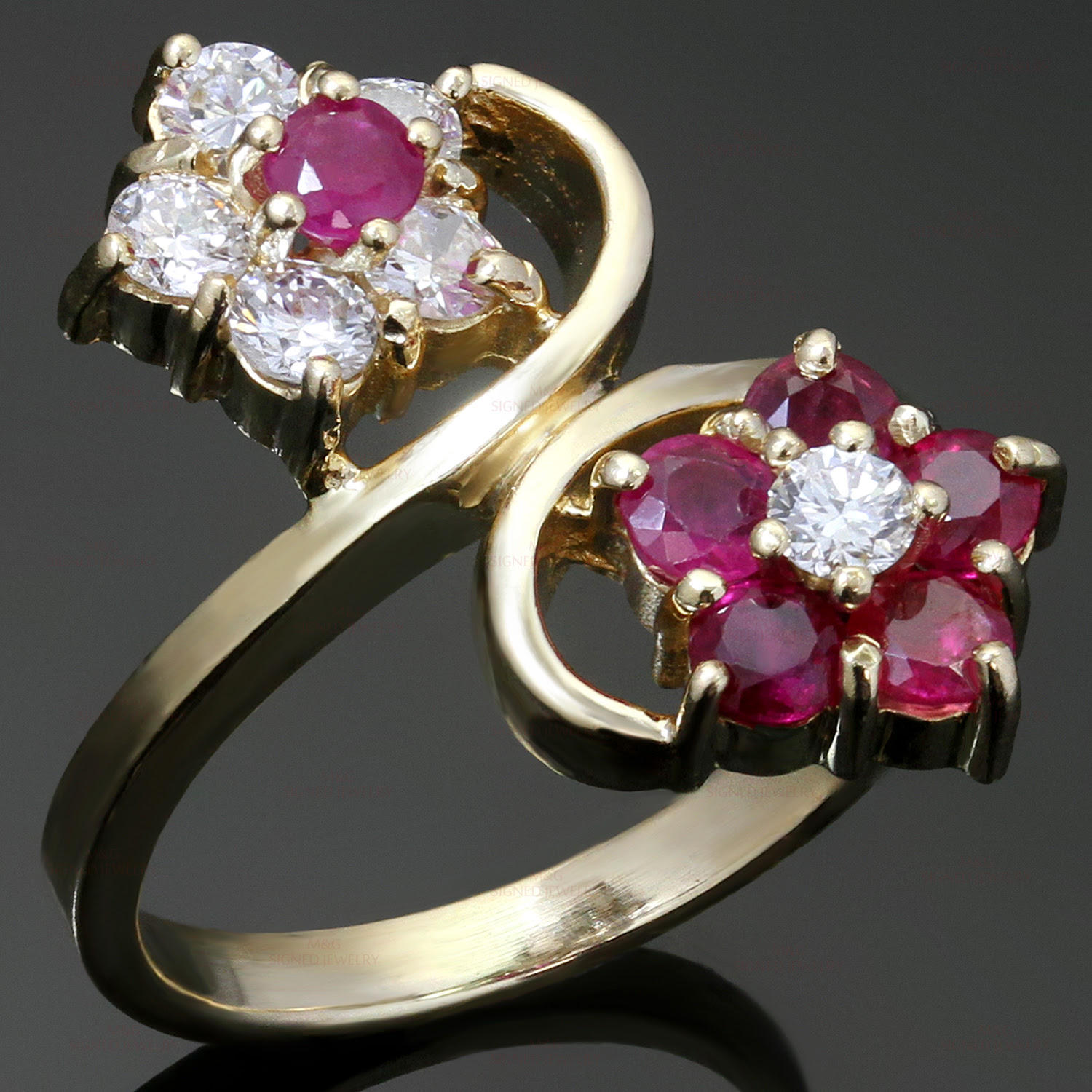 Diamond Ruby Two Flower 14k Yellow Gold Ring