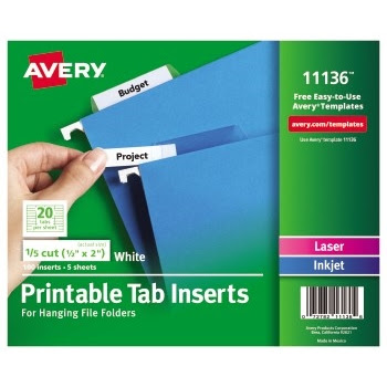 Avery Printable Tab Inserts for Hanging File Folders, 1/5 cut ...