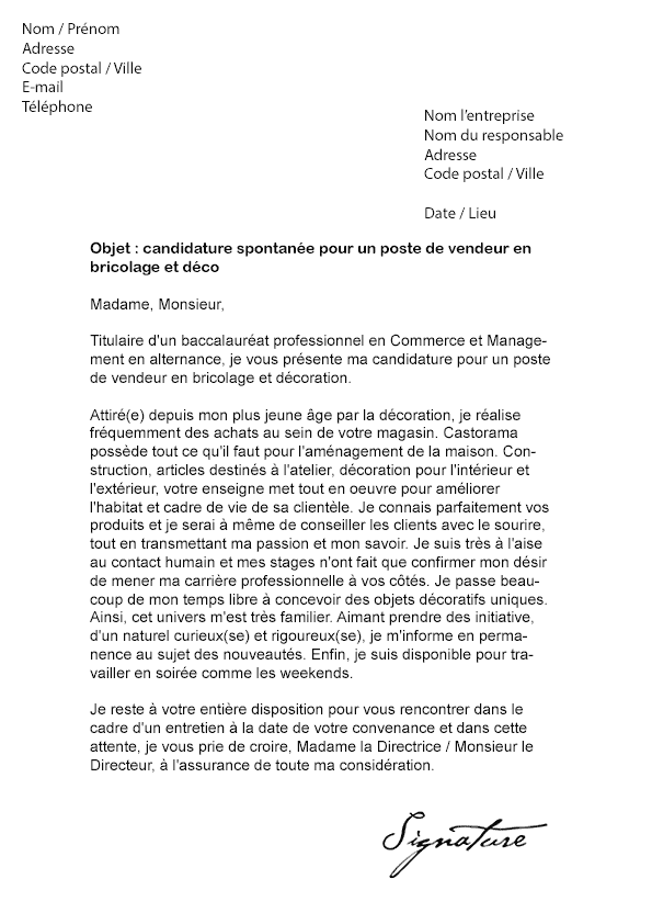 Lettre de motivation Castorama (Vendeur bricolage et 