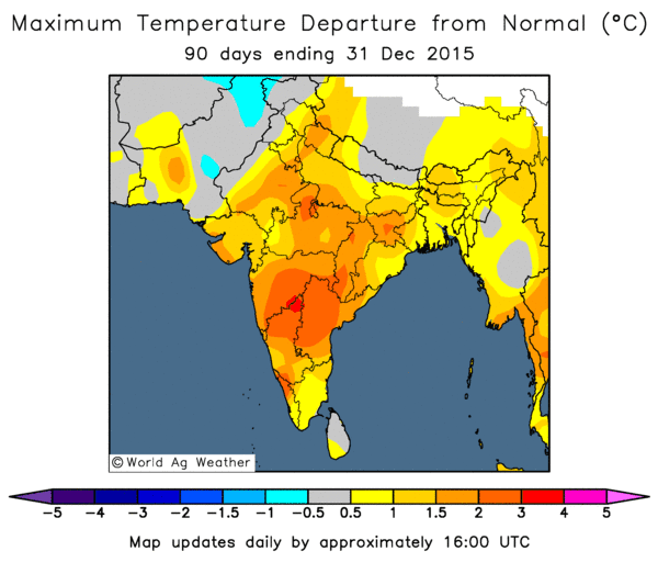 October to December maximum temperature departure from normal (Image Credit: World Ag Weather)