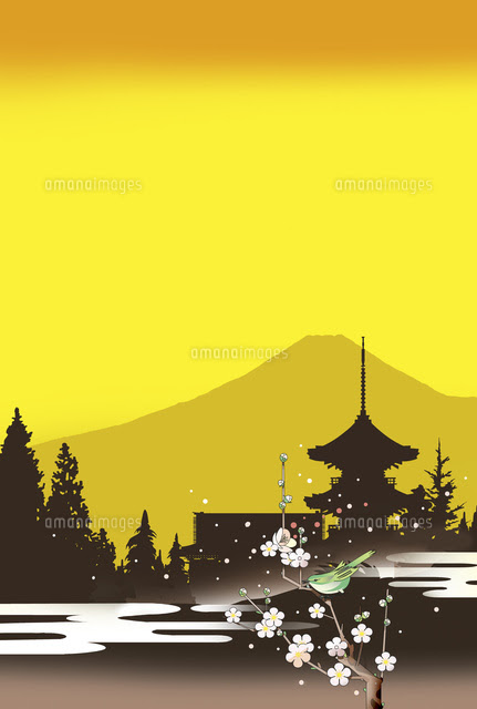 黄昏の富士と寺院 イラストレーション ライフ