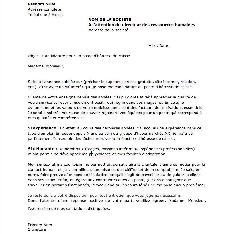 Lettre de motivation pour un poste d'hôtesse de caisse 