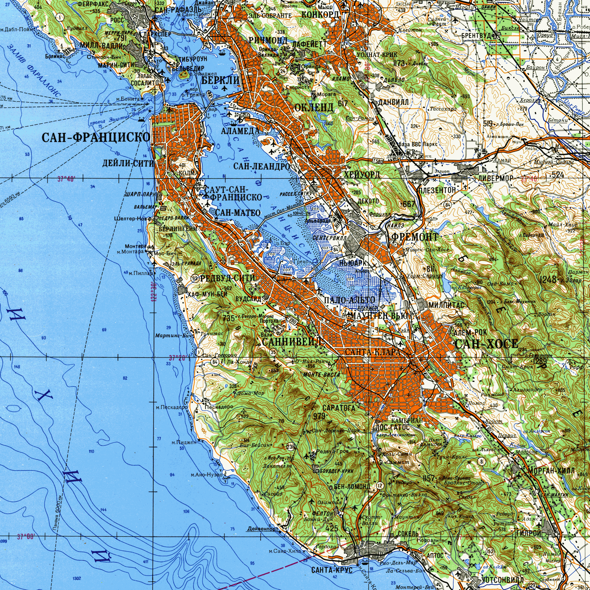San Francisco Bay Topographic Map Soviet topographic map of San Francisco Bay Area (1980) [1920x1920 