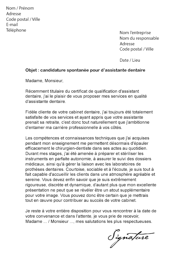 Lettre de motivation Assistante dentaire - Modèle de Lettre