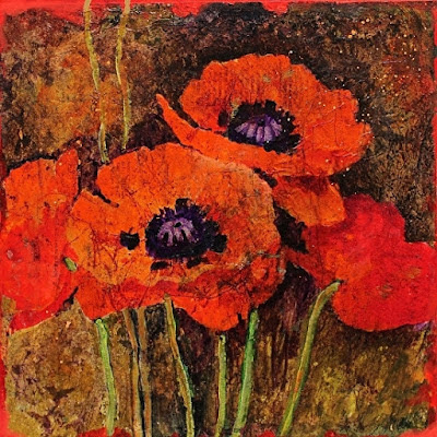 Flower Art Painting "Batik Poppies" by Colorado Mixed Media Abstract Artist Carol Nelson-Painting Art