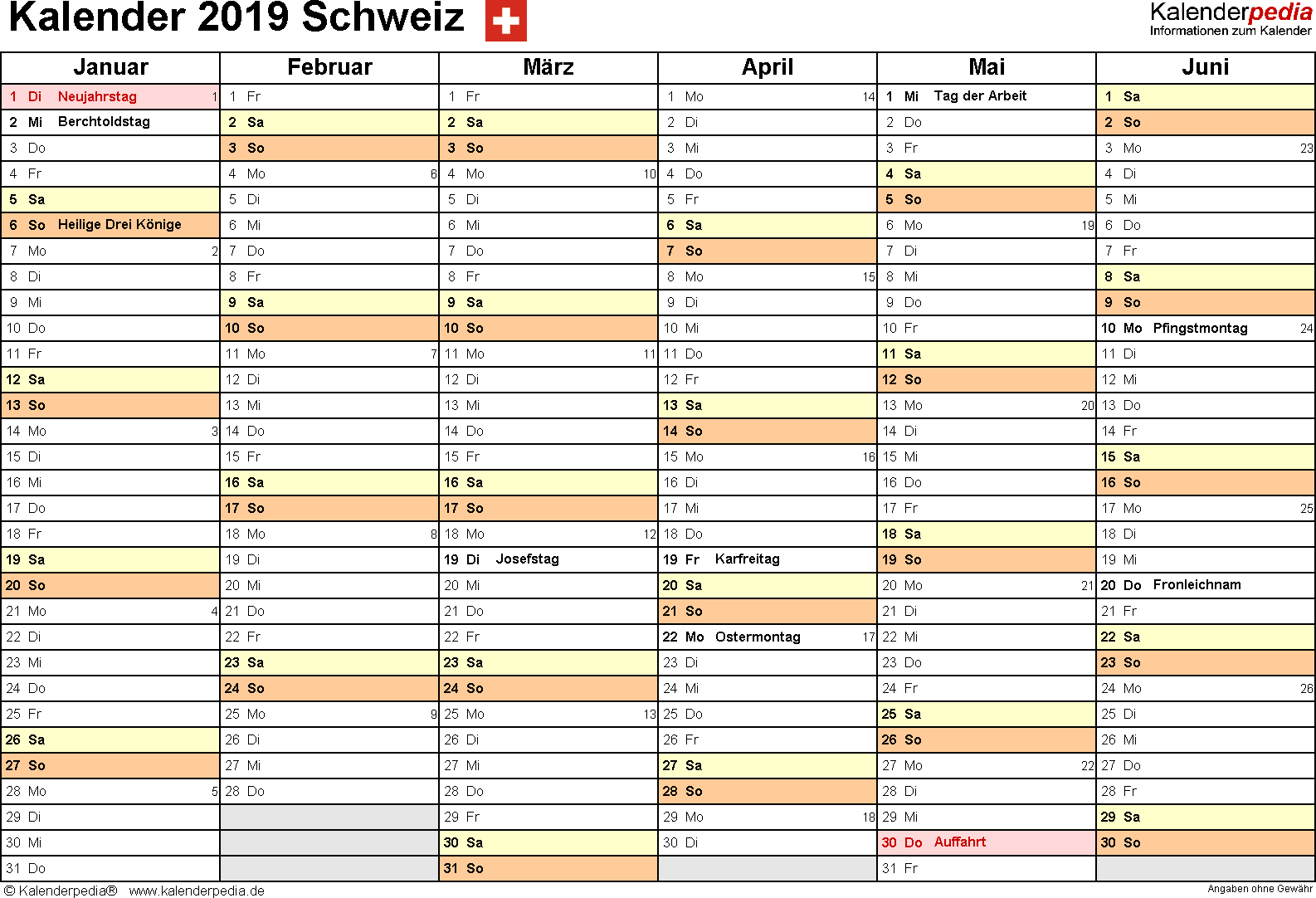 Kalender 2019 Schweiz in Excel zum Ausdrucken