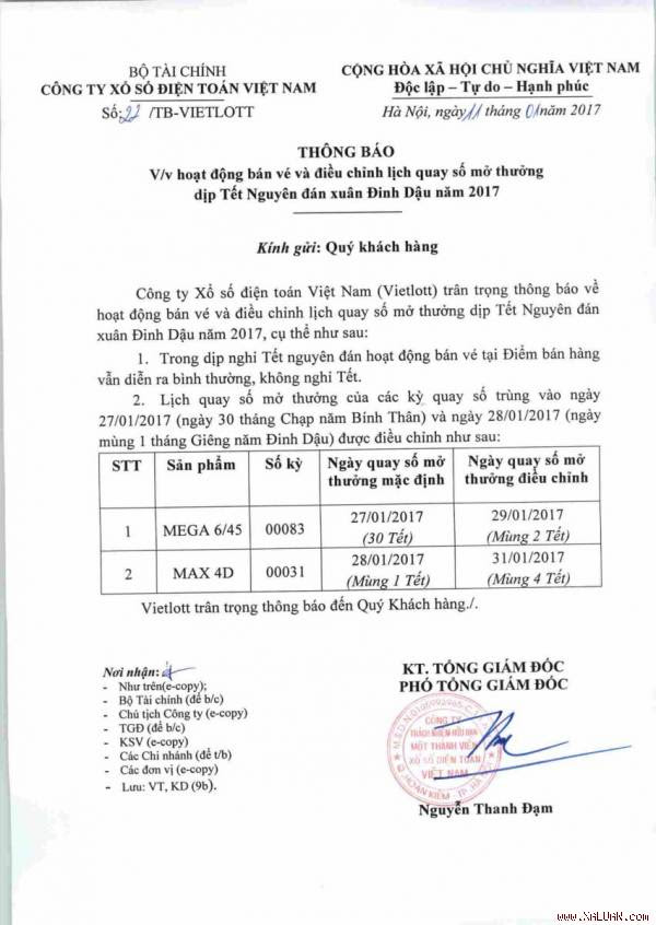 Lịch quay số đã được điều chỉnh của Vietlott