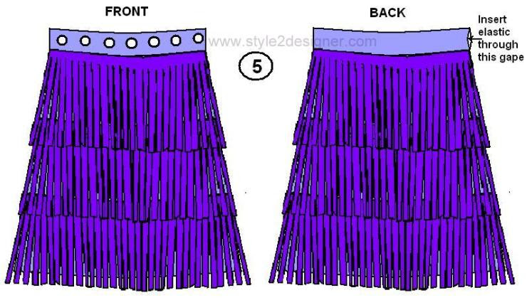 5.Insert the elastic through the side seam at Back WB. Pull over the elastic to reach the ends of WB and sew the ends to fix the elastic. 6. Place the Back and Front Skirts by facing right sides together and sew along the side seams with ¼” seam allowance. 