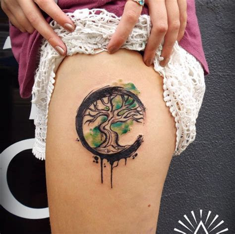 cool tree life watercolor tattoo thigh cynthia