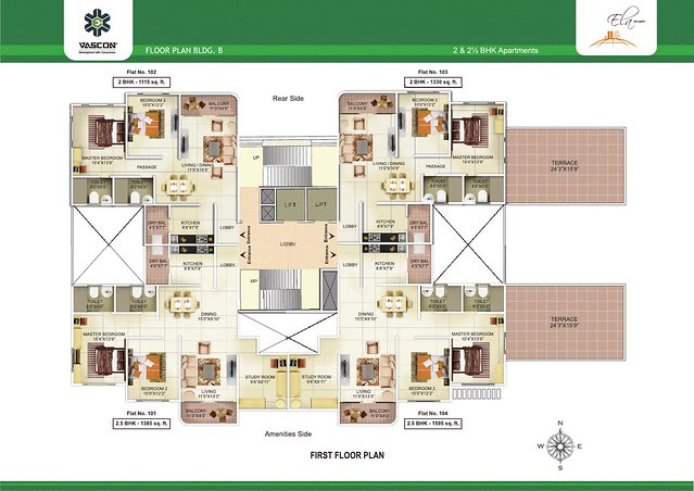 1st Floor Plan of Vascon Ela - 2 BHK 2.5 BHK Flats opposite Suzlon One Earth at Sade-Satara-Nali (Sade-Satra-Nali) Gram Panchayat, Hadapsar, Pune 411028
