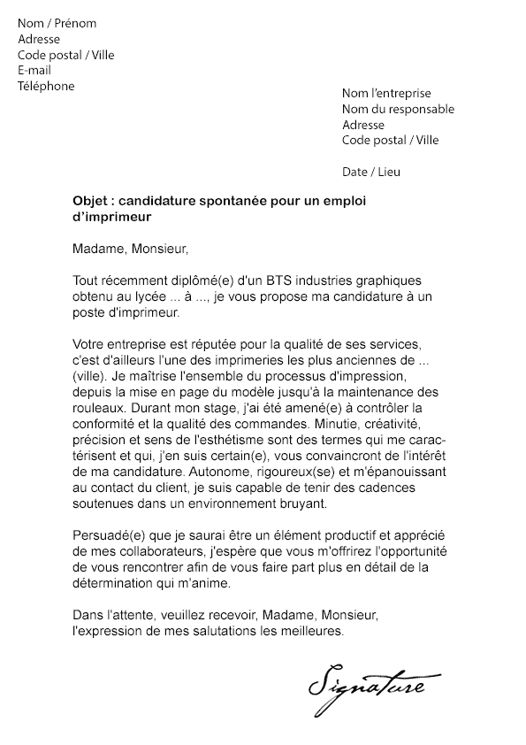 Lettre de motivation Imprimeur - Modèle de Lettre