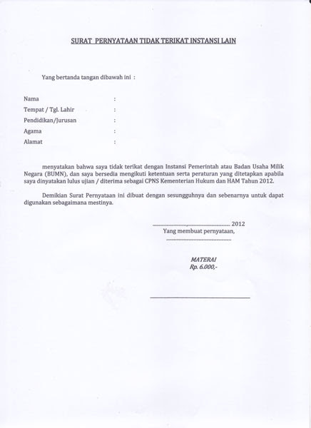 Contoh surat lamaran dan surat pernyataan cpns kemenkumham 
