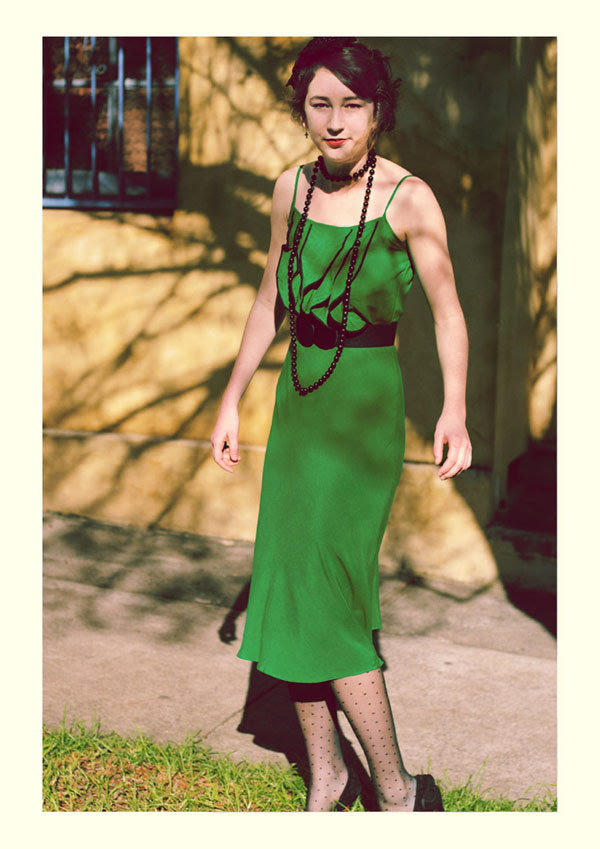 Green Dress, Shoestring straps, Vintage Fashion Photography