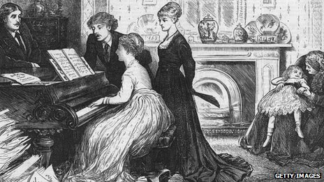 An 1870 image of a family by a piano