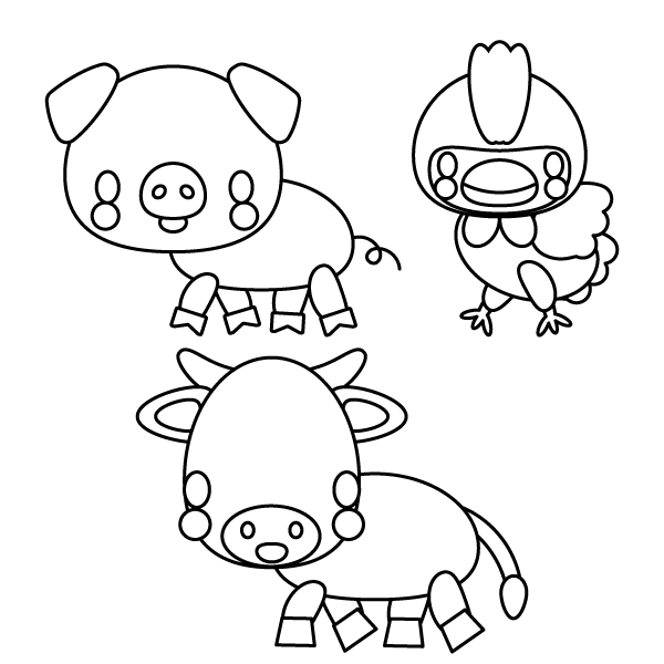 塗り絵に最適な白黒でかわいい牛 豚 鶏の無料イラスト 商用フリー オイデ43