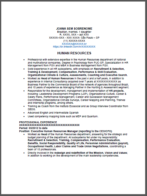 Currículo modelo em inglês, Gerente de Recursos Humanos 