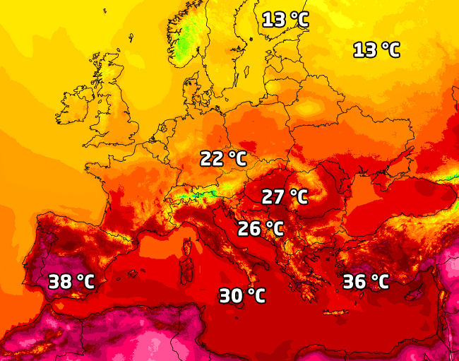 teplotní mapa evropy Za tropickými teplotami na jih Evropy | In počasí teplotní mapa evropy