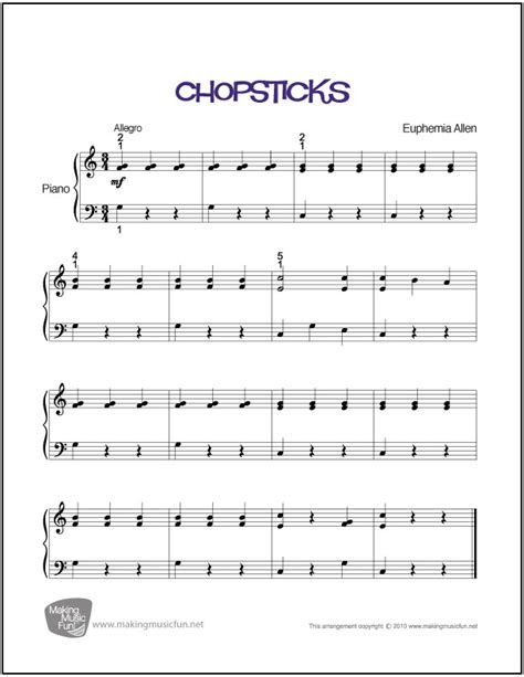 chopsticks allen beginnereasy piano sheet