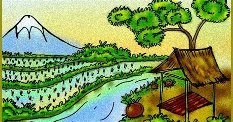 pemandangan gunung  sawah contoh gambar mewarnai